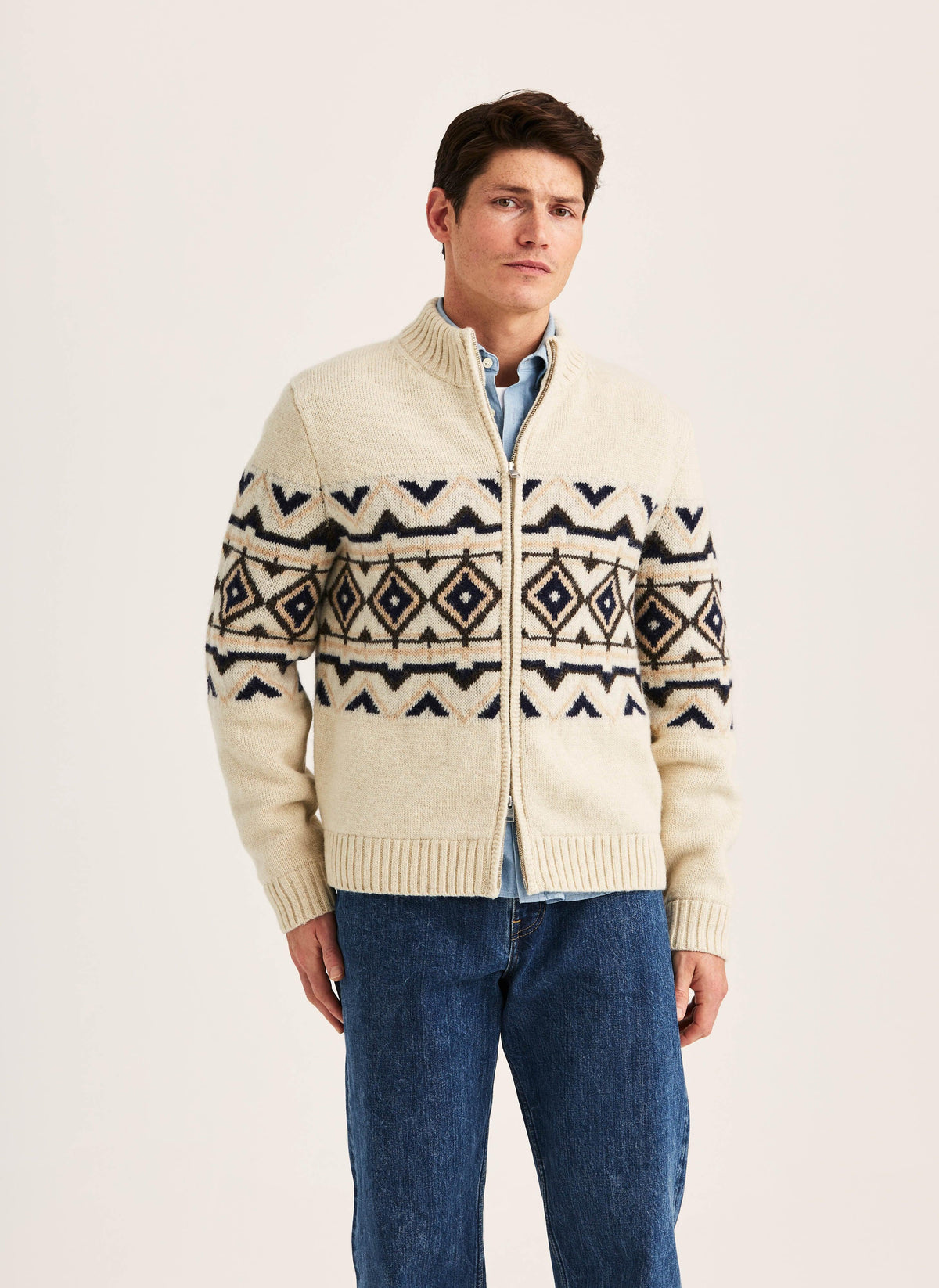 Morris Hadley Zip Cardigan off white stickad kofta med mönster