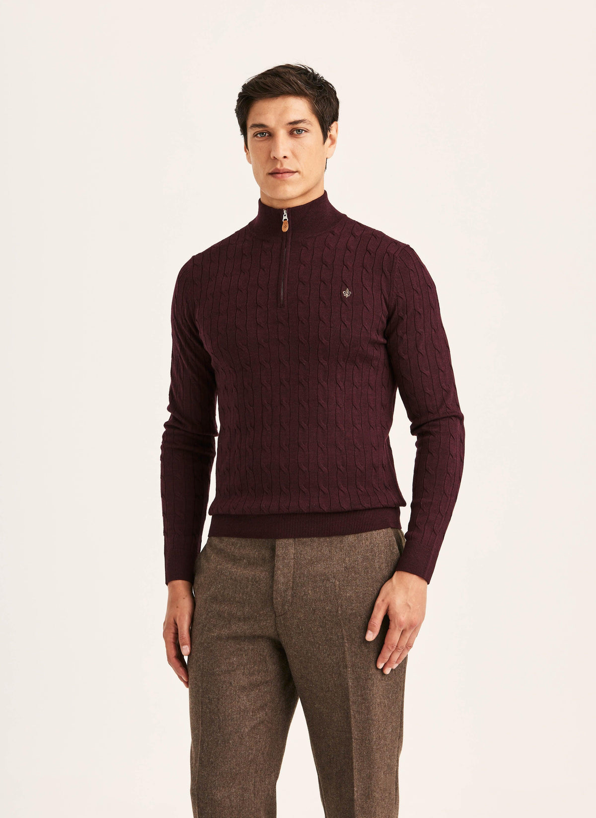 Morris Merino Cable John Zip vinröd stickad tröja med dragkedja