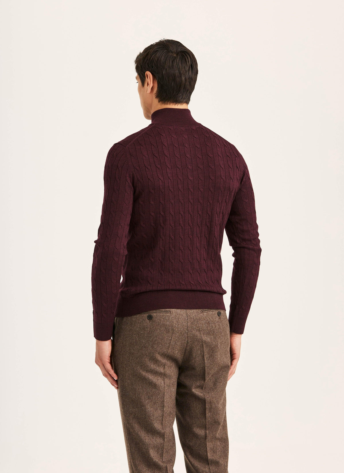Morris Merino Cable John Zip vinröd stickad tröja herr