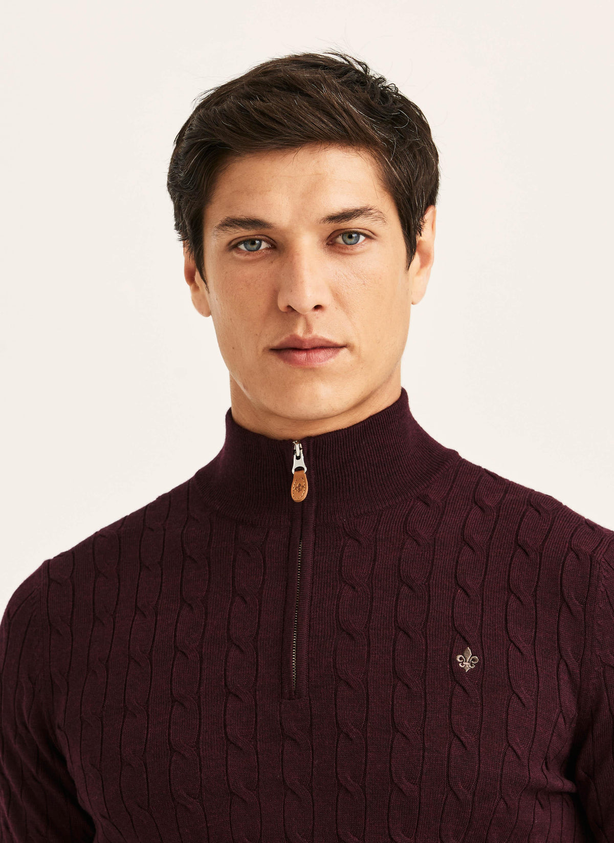 Morris Merino Cable John Zip vinröd tröja med dragkedja