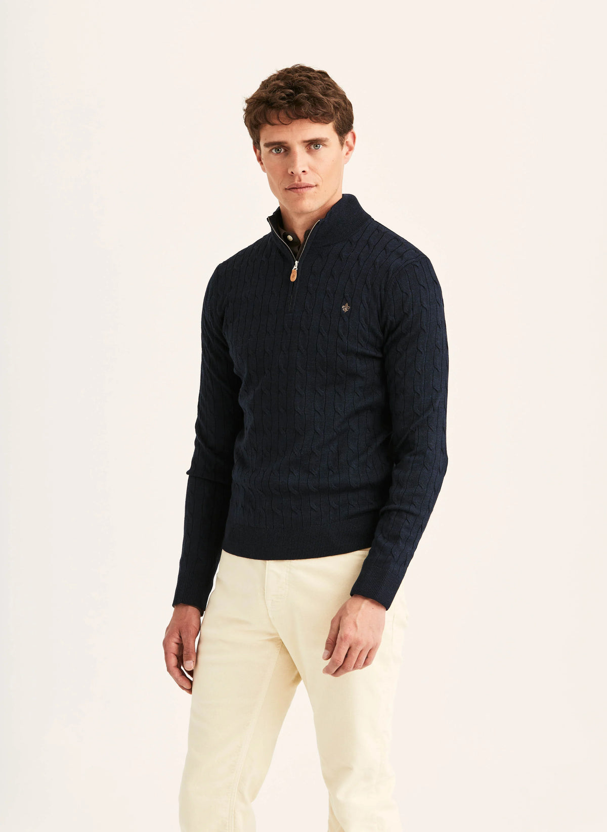 Morris Merino Cable John Zip marinblå stickad tröja med dragkedja