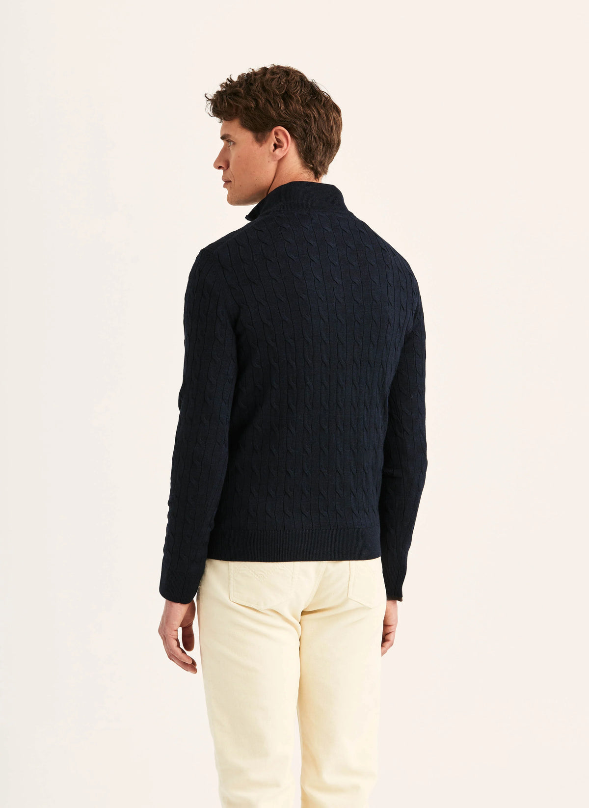 Morris Merino Cable John Zip mörkblå stickad tröja