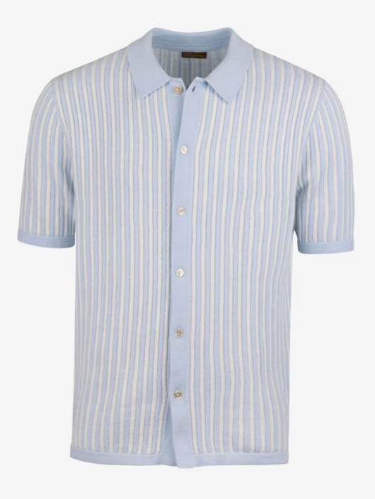 Polo Shirt Knitted Buttonthru Hemp Cotton - 102 Light blue stripe