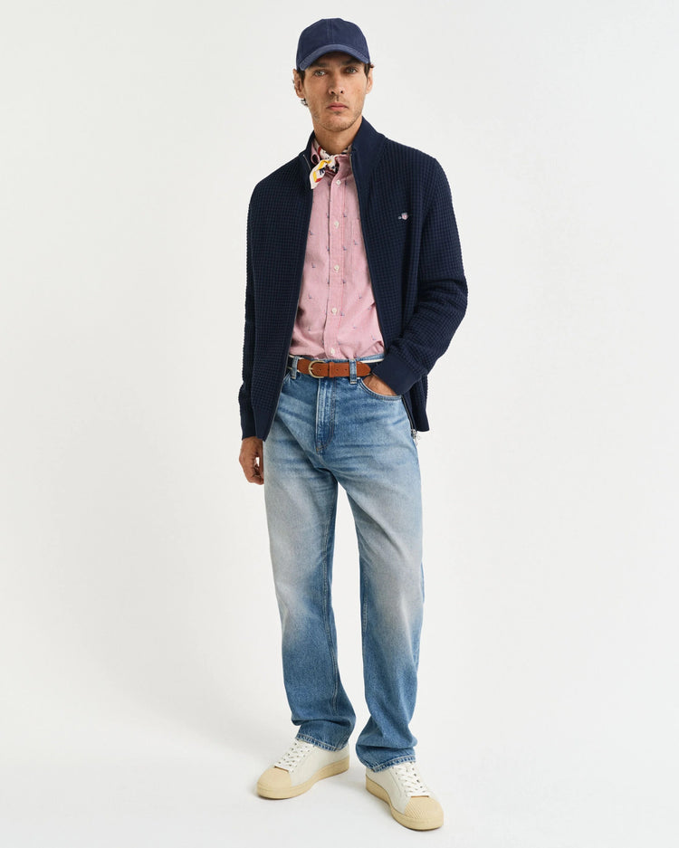 ZIPPED TEXTURED COTTON CARDIGAN - 433 EVENING BLUE