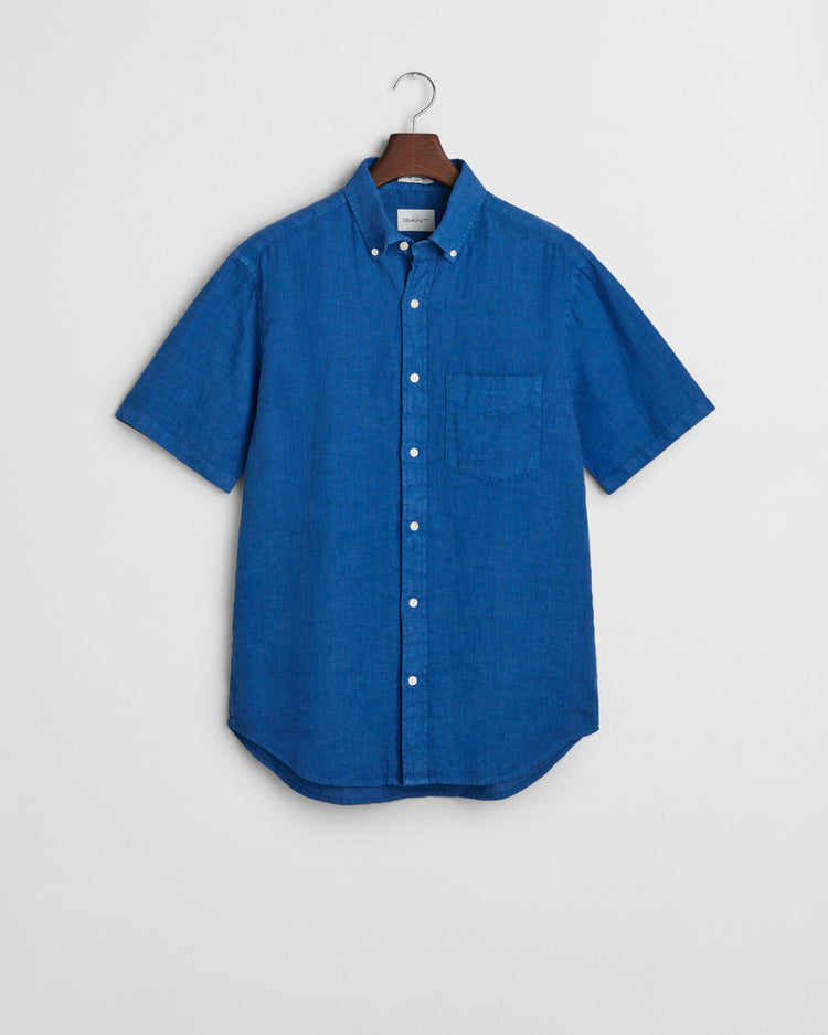 Regular fit plaggfärgad, kortärmad linneskjorta - RICH BLUE