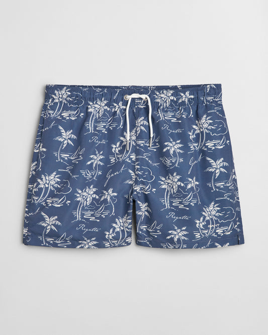 ISLAND PRINT SWIM SHORTS - 401 Dusty Navy