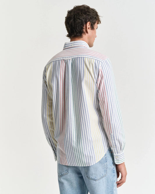 Man i randig långärmad skjorta och ljusa jeans, sett bakifrån, mot vit bakgrund.