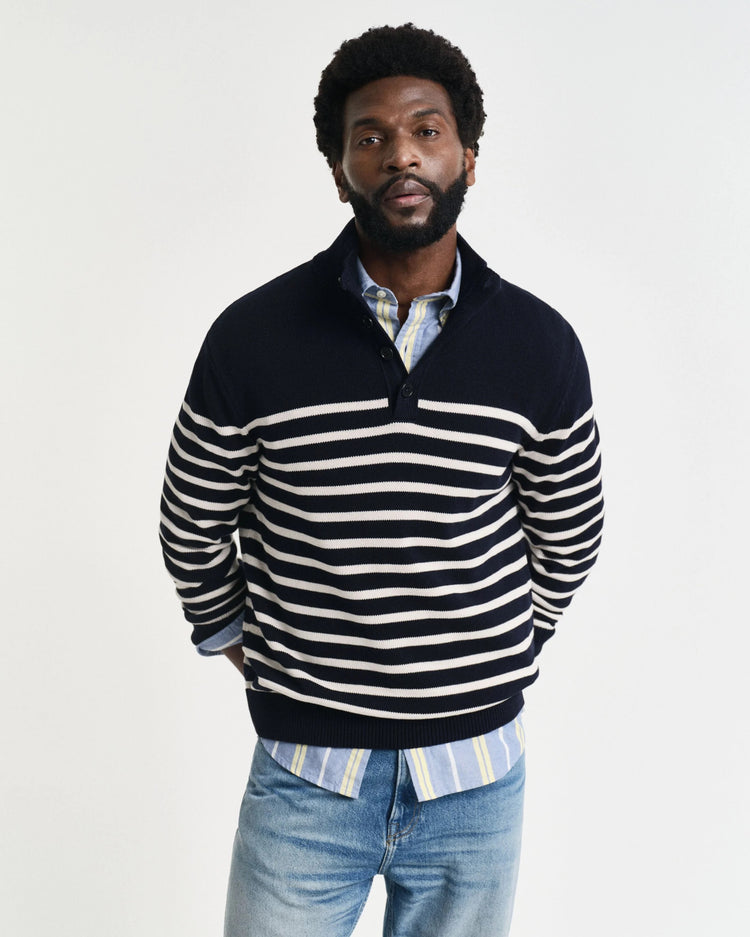 STRIPED COTTON HALF BUTTONED NECK - EVENING BLUE