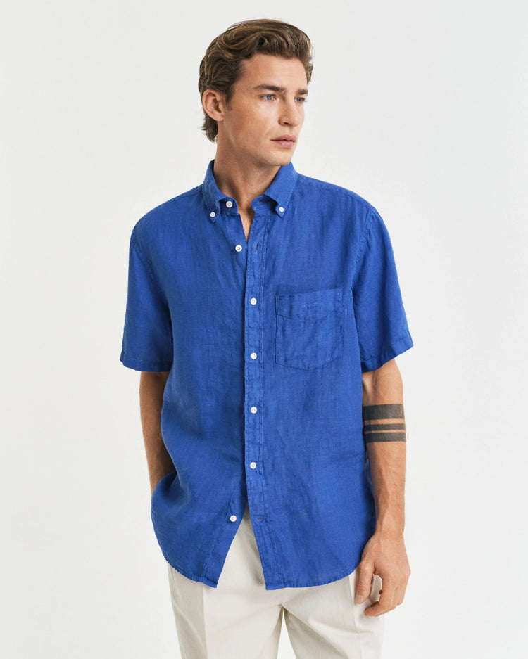 Regular fit plaggfärgad, kortärmad linneskjorta - RICH BLUE