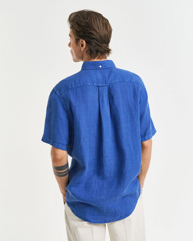 Regular fit plaggfärgad, kortärmad linneskjorta - RICH BLUE