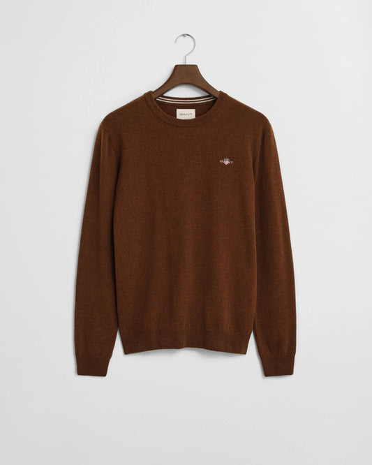 GANT herr tröja i brun ull med rund hals och broderad logotyp på bröstet