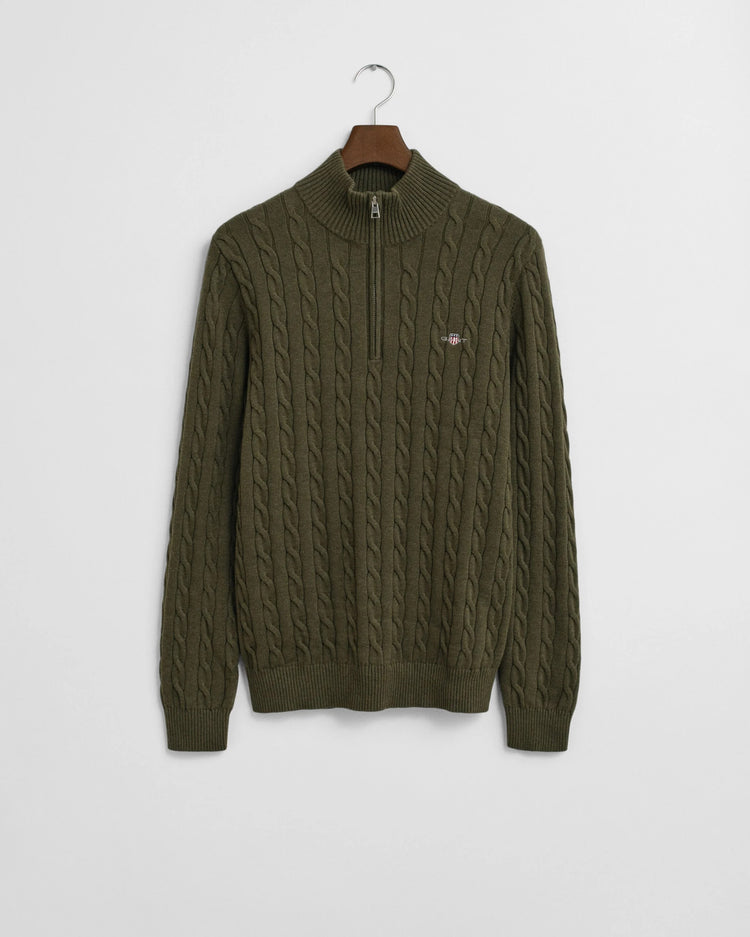 Kabelstickad bomullströja med halvzip - Khaki green melange