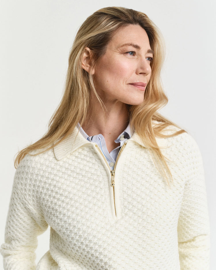 Cotton Texture Half Zip - Creme