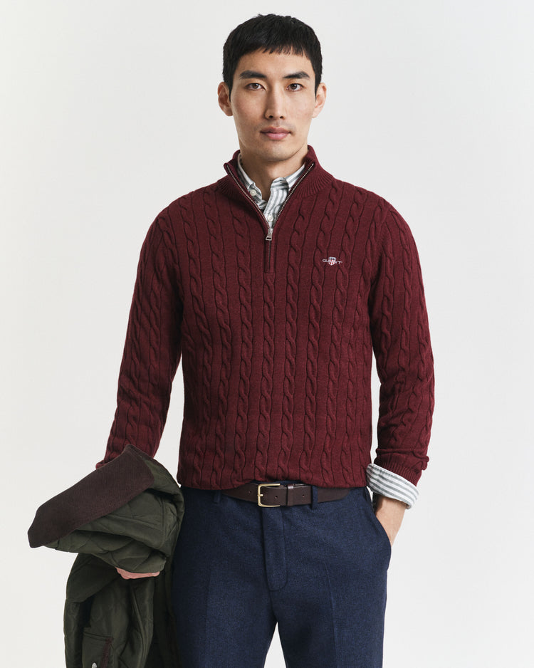 Kabelstickad bomullströja med HALF ZIP - BORDEAUX MELANGE