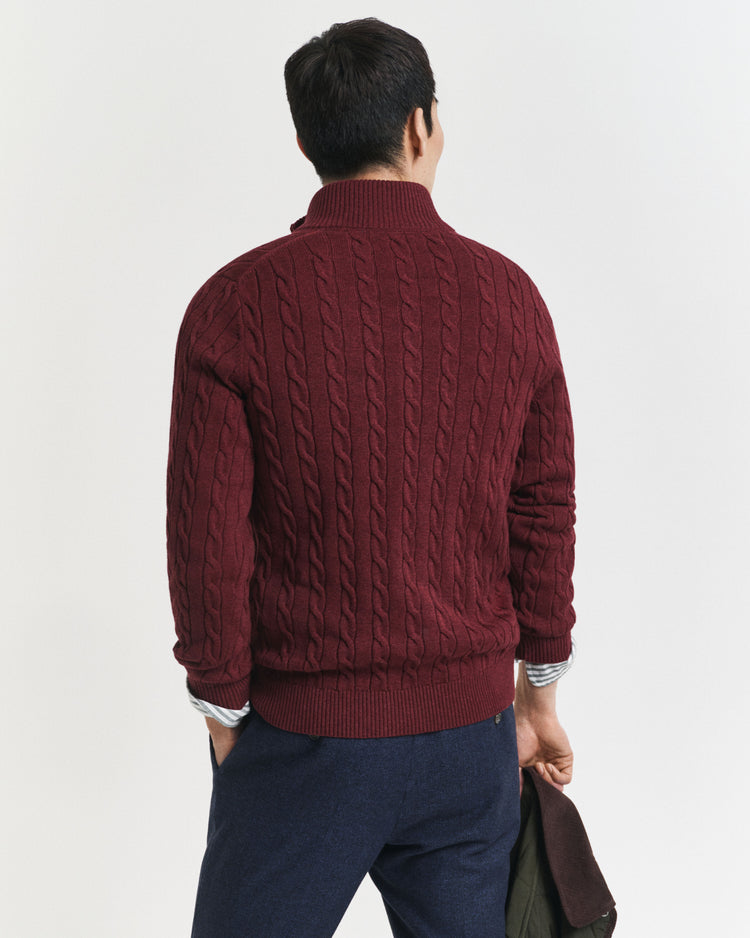 Kabelstickad bomullströja med HALF ZIP - BORDEAUX MELANGE