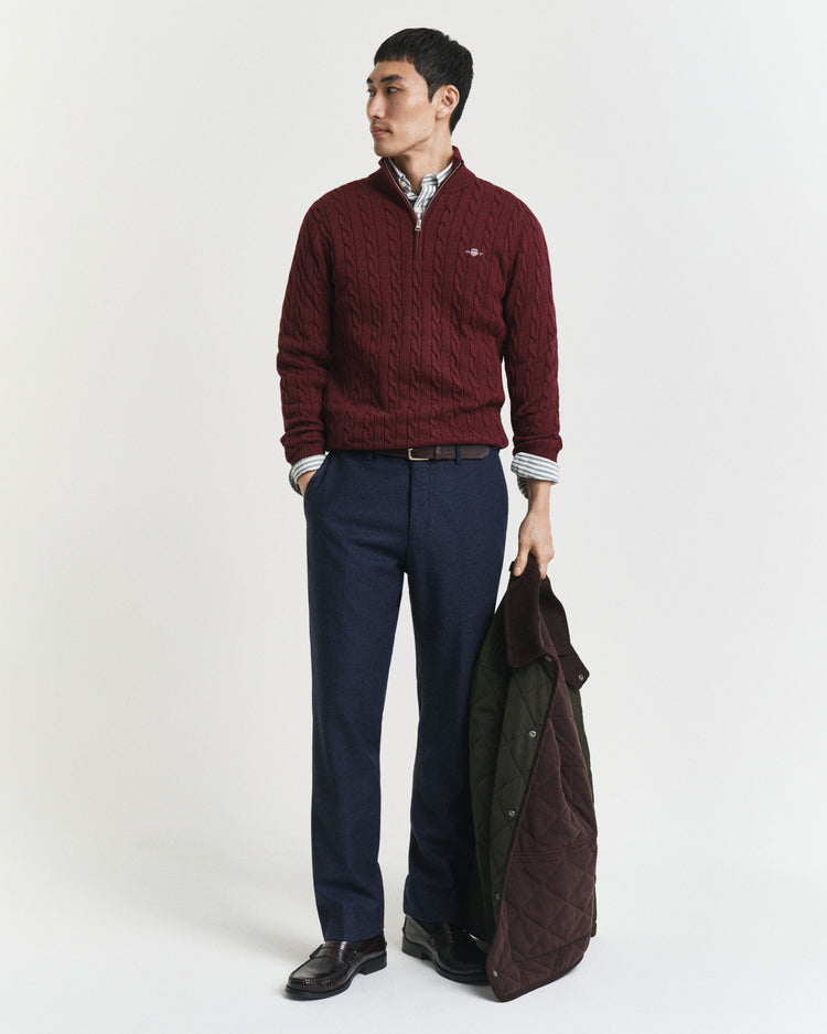 Kabelstickad bomullströja med HALF ZIP - BORDEAUX MELANGE