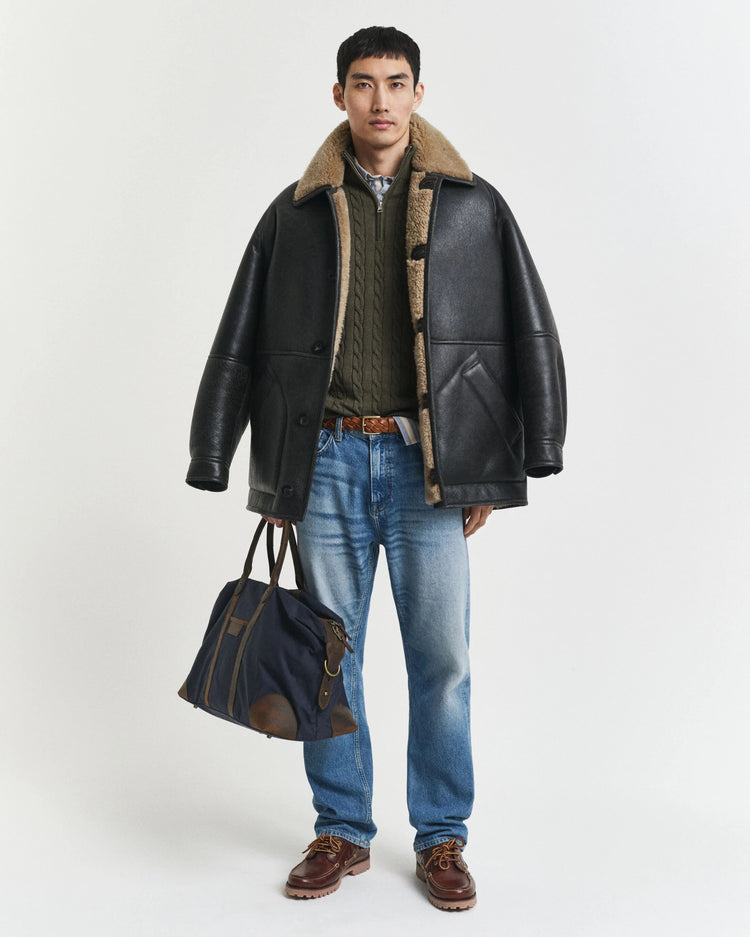 Kabelstickad bomullströja med halvzip - Khaki green melange