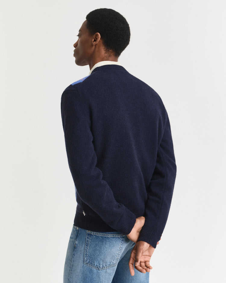 Argylemönstrad tröja med rund halsringning - Dark Navy Melange