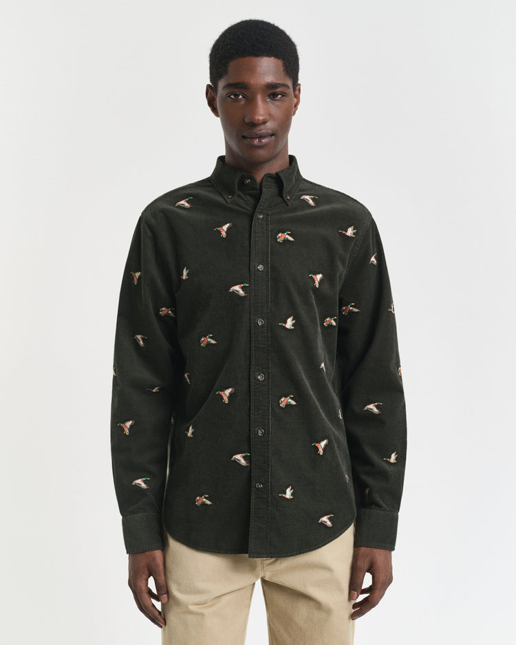 Regular fit broderad manchesterskjorta - Dark Moss Green