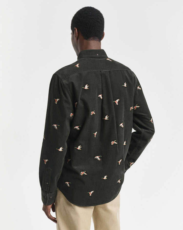 Regular fit broderad manchesterskjorta - Dark Moss Green