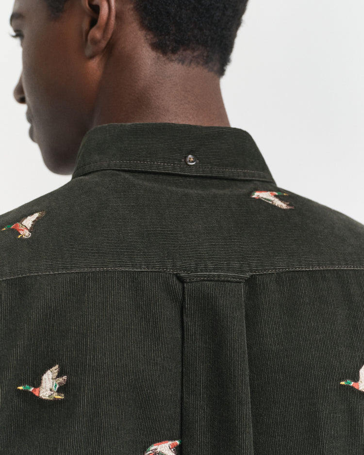 Regular fit broderad manchesterskjorta - Dark Moss Green