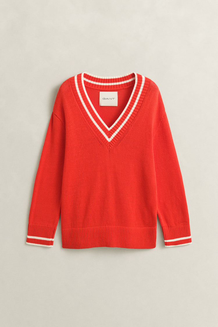 CONTRAST COTTON V-NECK - PERFECT RED
