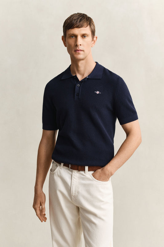 MICRO TEXTURED COTTON SS POLO - EVENING BLUE