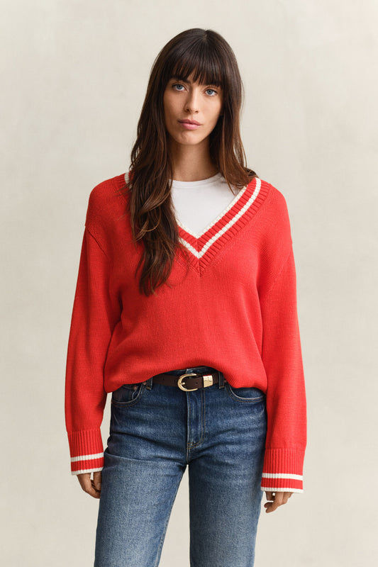 CONTRAST COTTON V-NECK - PERFECT RED