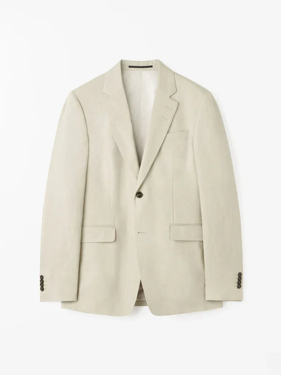 Beige linnékavaj för herr, klassisk passform, tvåknäppt med fickor framtill.
