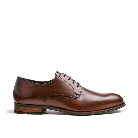 Klassisk brun lädersko för herr, elegant snörning, låg klack, stilren design