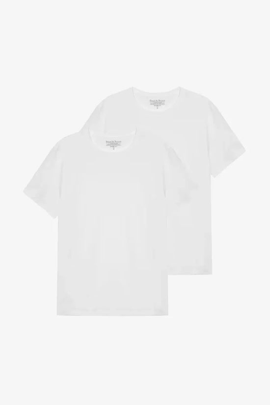Två vita herr t-shirts med rund hals, klassisk passform, mot vit bakgrund.