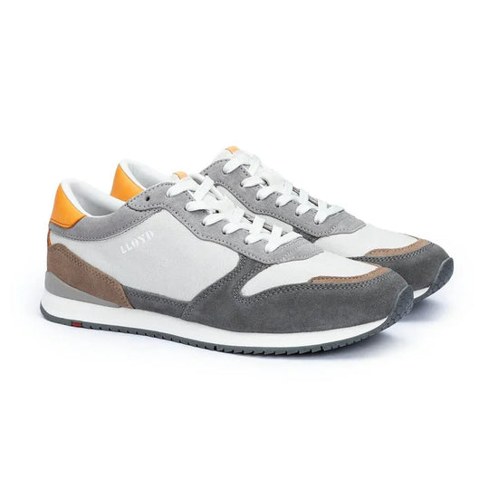 Herrsneakers i grått och vitt med orange och bruna detaljer, klassisk sportig design