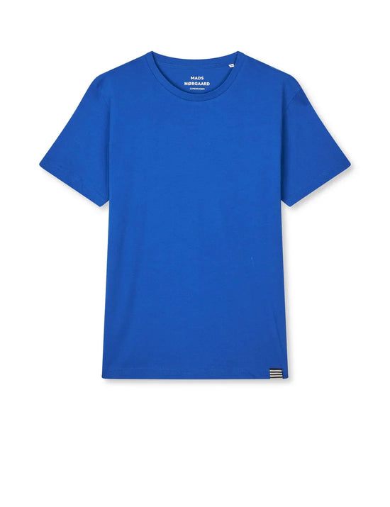 Blå herr t-shirt i bomull med rund hals och kort ärm, klassiskt snitt.