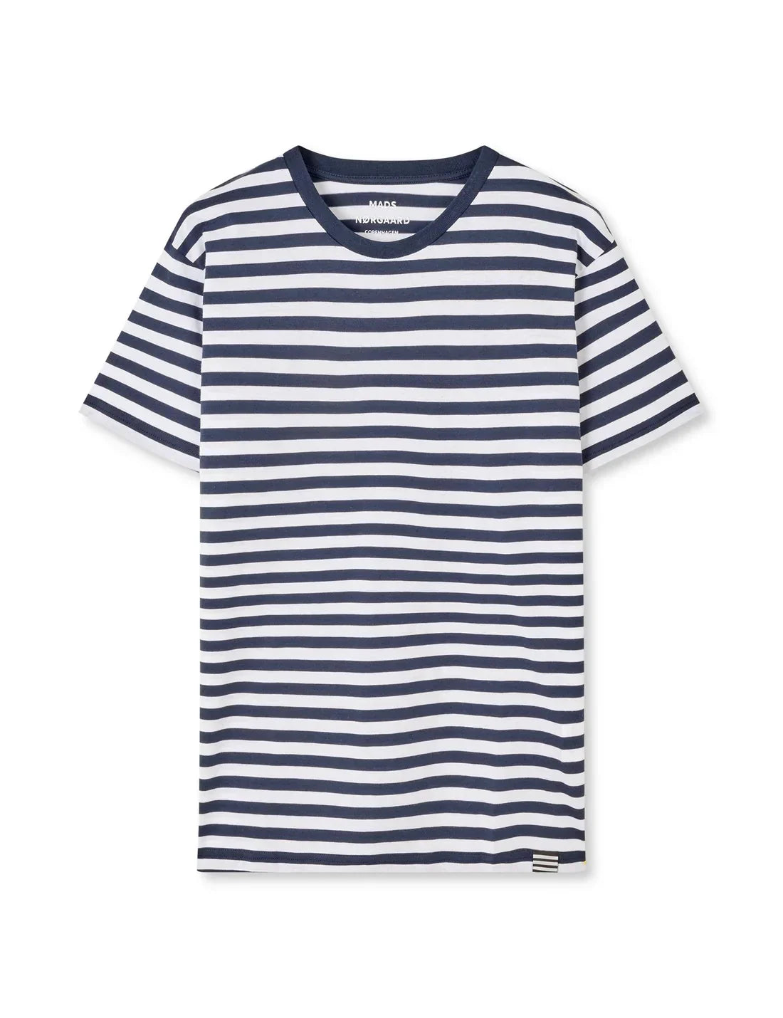 Herr t-shirt med marinblå och vita ränder, rund hals, klassiskt sommarplagg