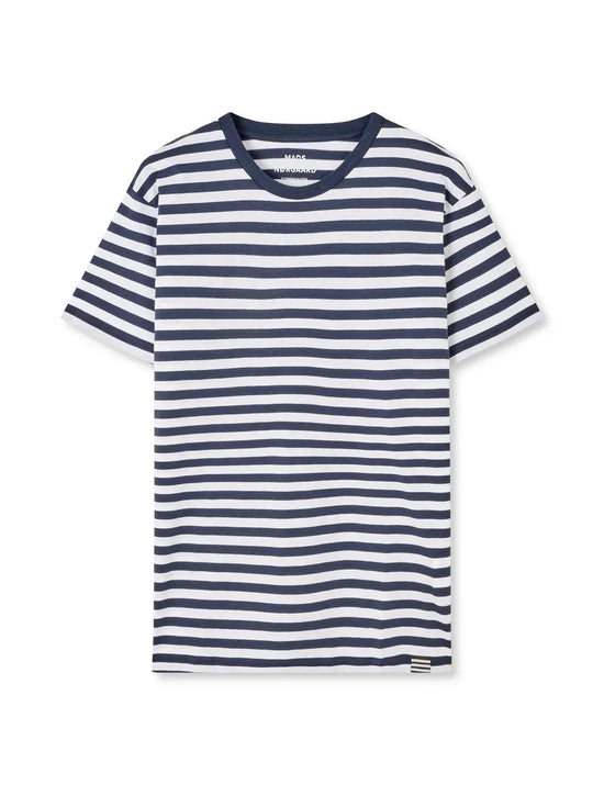 Herr t-shirt med marinblå och vita ränder, rund hals, klassiskt sommarplagg