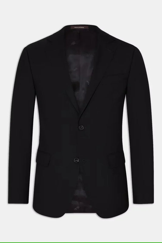 Klassisk svart herrkavaj med två knappar och fickor, elegant stil.