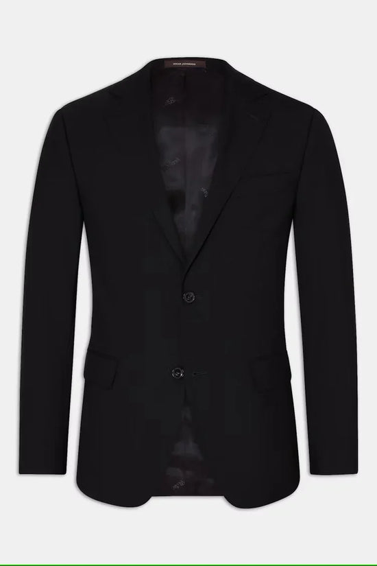 Klassisk svart herrkavaj med två knappar och fickor, elegant stil.