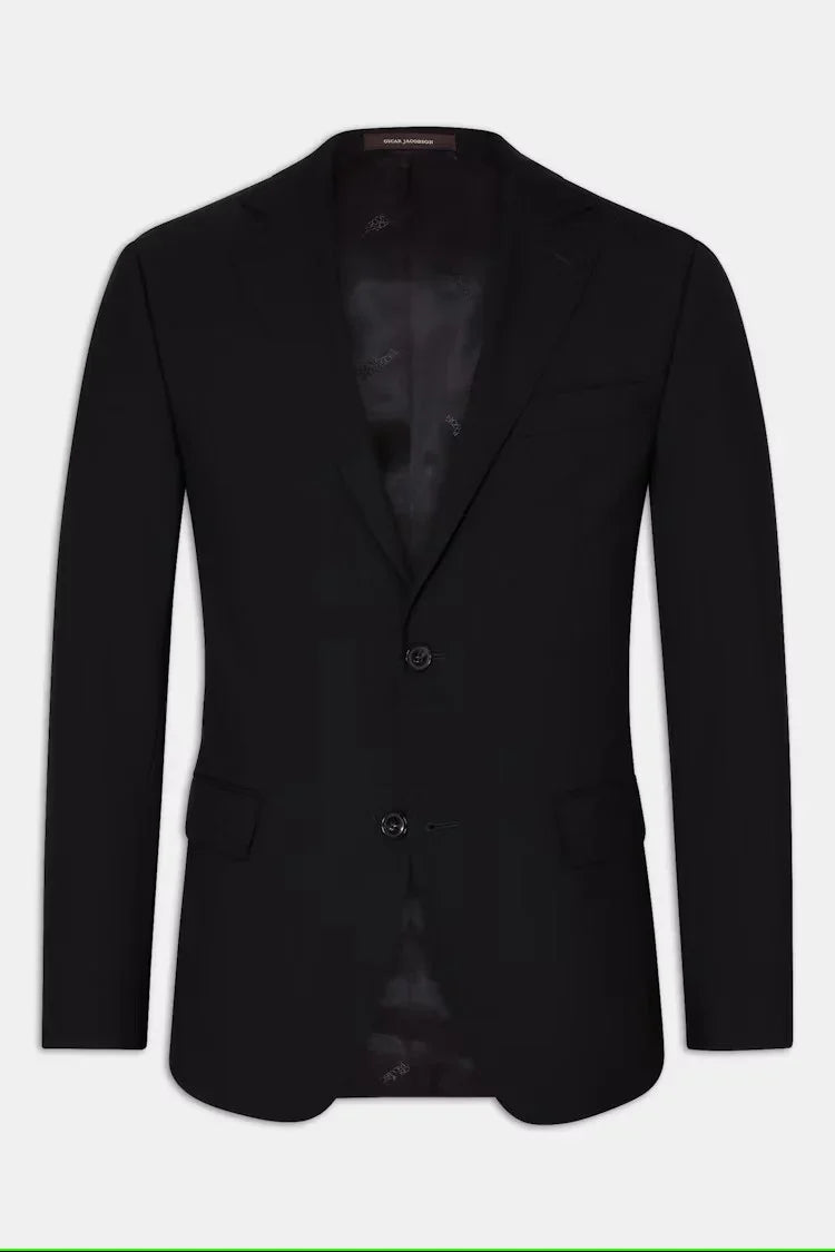 Klassisk svart herrkavaj med två knappar och fickor, elegant stil.
