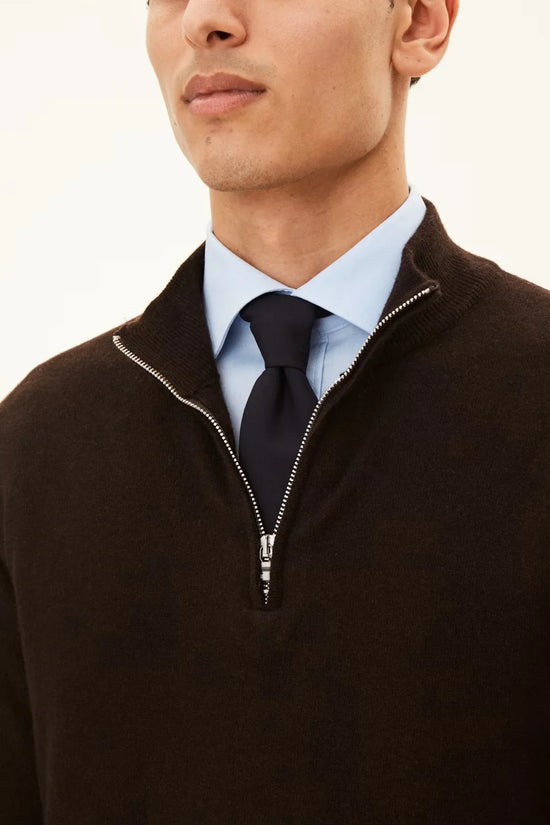 Patton Half-Zip herr tröja i brun flanell, halv dragkedja, skjorta och slips