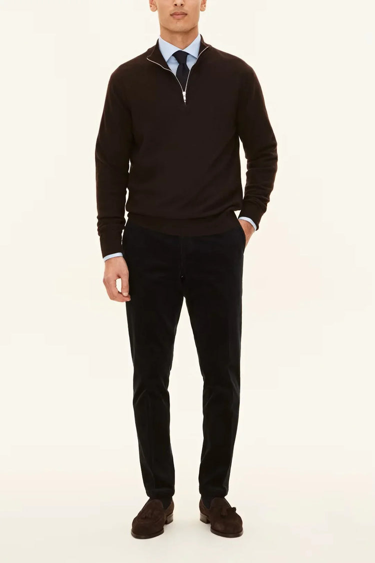 Patton Half-Zip herrtröja i brun flanell med dragkedja, klassisk stil