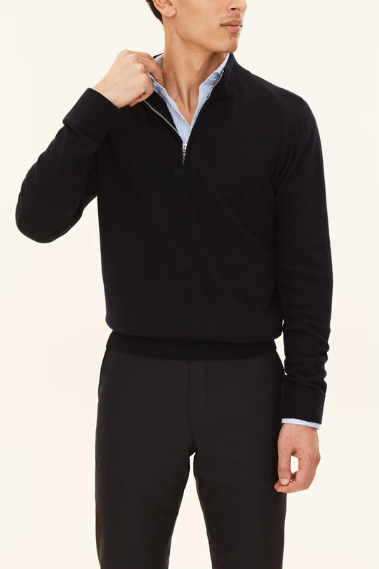 Regular Fit Half Zip Tröja Ull-Kashmir - Mörkblå