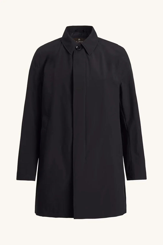 Mörkblå klassisk car coat för herr med krage och dold knappslå, mot vit bakgrund.