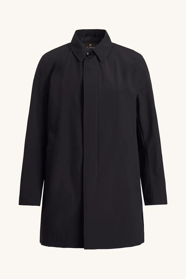 Mörkblå klassisk car coat för herr med krage och dold knappslå, mot vit bakgrund.