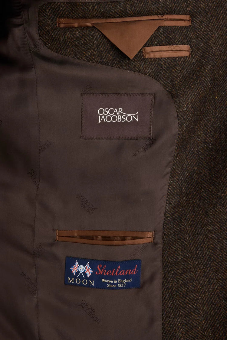 Oscar Jacobson herr kavaj med brun foder och Shetland-etikett, klassiskt herrmode