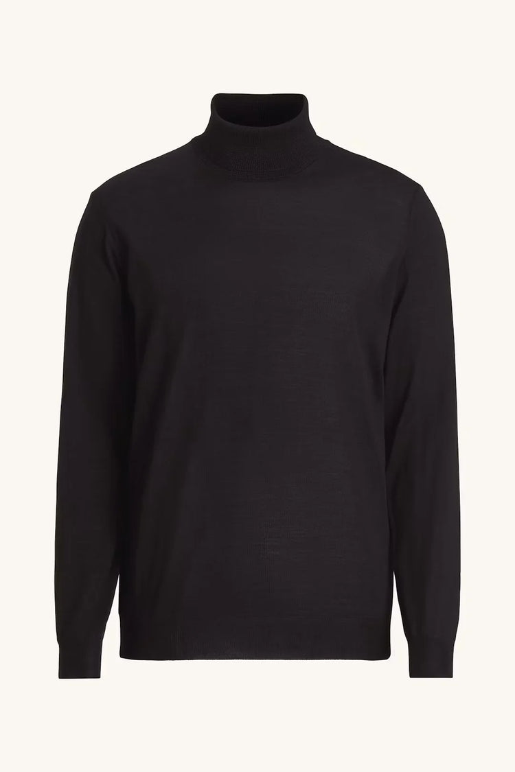Marcel-Rollneck herr polotröja i mörkblå ull, lång ärm, klassisk passform