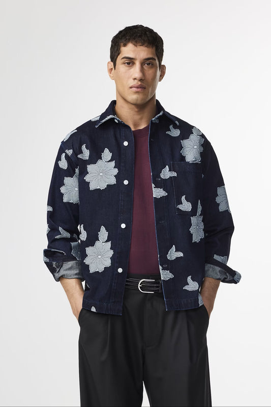 Adwin Fil-coupé jacquard Skjorta - Blue Denim