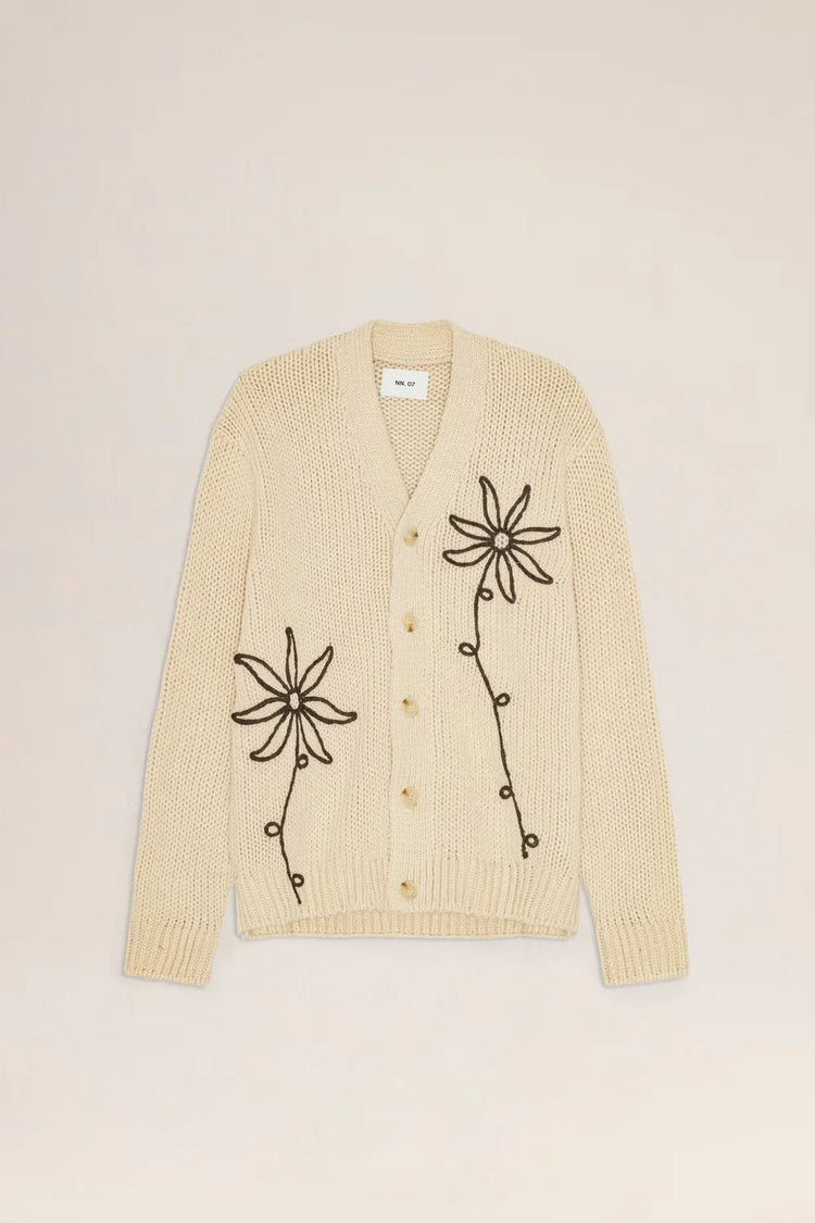 NN07 beige kofta herr med svarta blommönster, stickad cardigan