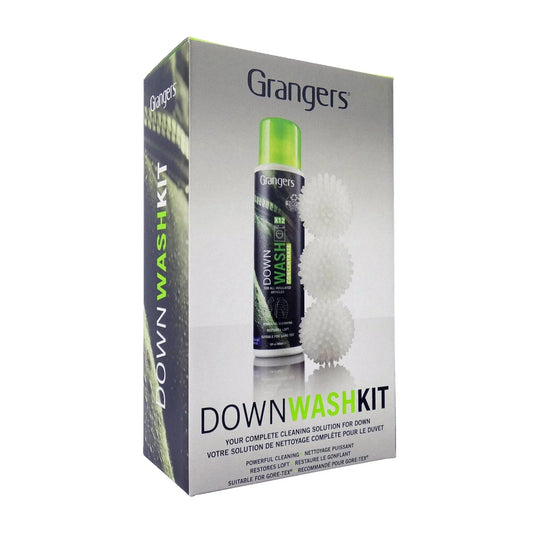 Grangers Down Wash Kit med tvättmedel och tre vita tvättbollar, för rengöring av dunplagg.
