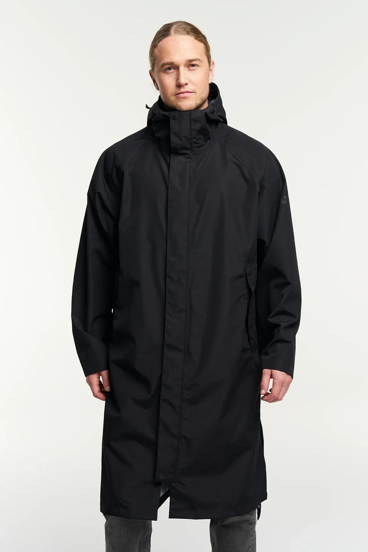 Drizzle Parka svart lång regnjacka unisex med huva