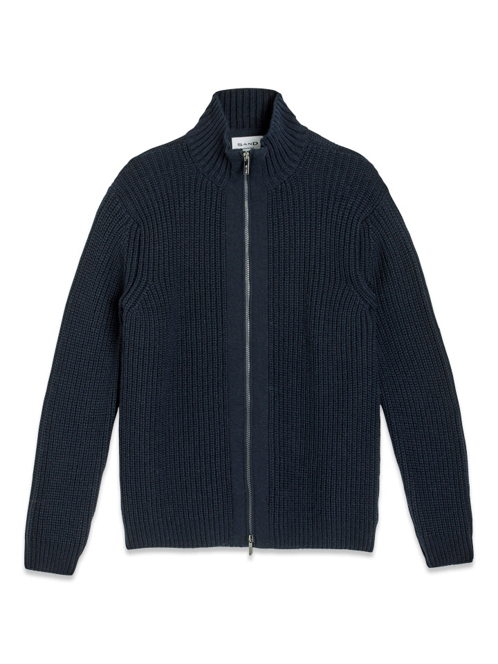 Full Zip High Neck Sweater - Dark Navy Blue – framsida